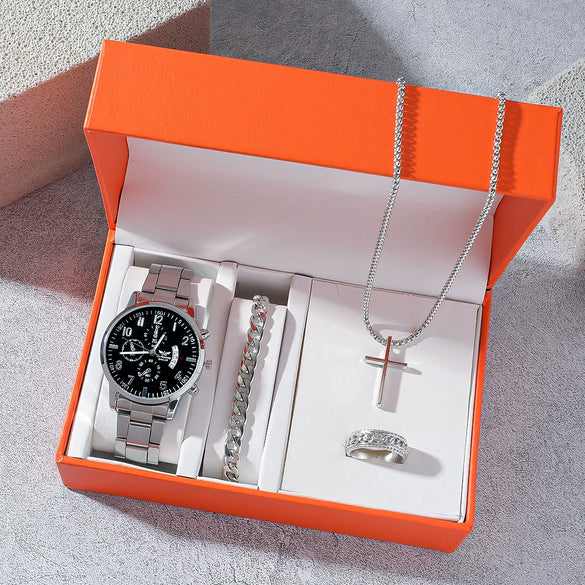 Men's Business Style Silver Watch Bracelet Necklace Ring Fourpiece Set With Zinc Alloy Case Stainless Steel Strap And Buckle Round Dial