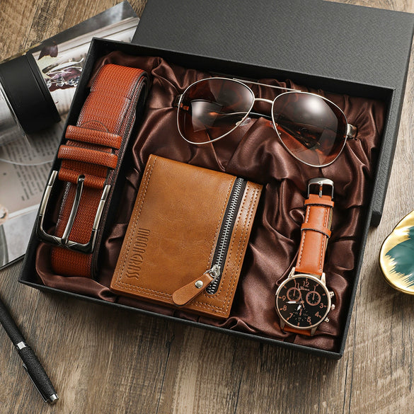 Men's Business Style Watch Set With Alloy Case Imitation Leather Strap And Stainless Steel Clasp Round Dial