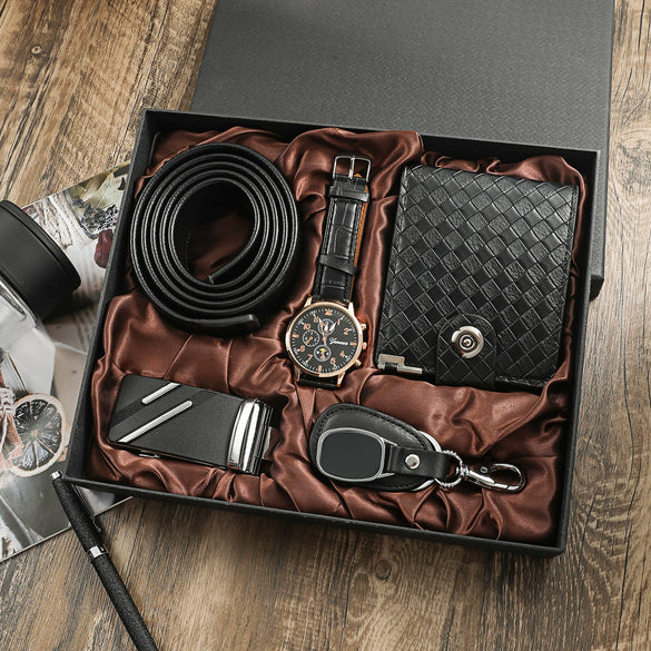 Men's Business Style Watch Set With Imitation Leather Strap Alloy Case And Round Dial
