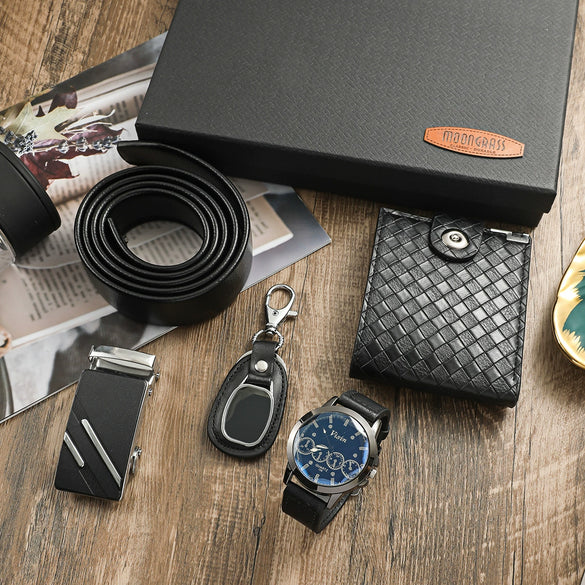 Men's Business Style Watch Set With Imitation Leather Strap Alloy Case And Round Dial