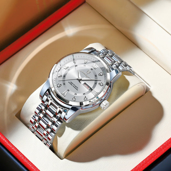 Men's Business Style Waterproof Alloy Case Stainless Steel Band Round Dial Sapphire Glass Mirror Quartz Watch