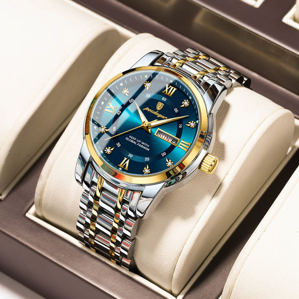 Men's Business Style Waterproof Alloy Case Stainless Steel Band Round Dial Sapphire Glass Mirror Quartz Watch