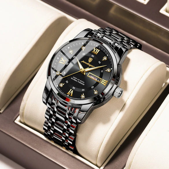 Men's Business Style Waterproof Alloy Case Stainless Steel Band Round Dial Sapphire Glass Mirror Quartz Watch