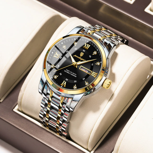 Men's Business Style Waterproof Alloy Case Stainless Steel Band Round Dial Sapphire Glass Mirror Quartz Watch