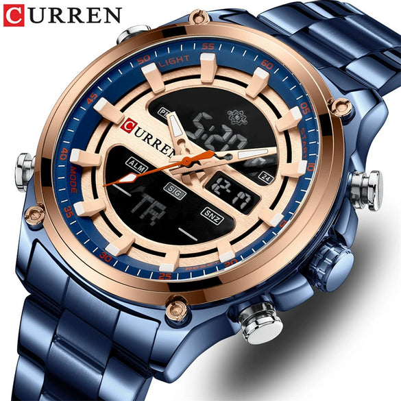 Men's Business Watch Steel Band Round Metal Case Stainless Steel Strap Dual Movement Chronograph Luminous