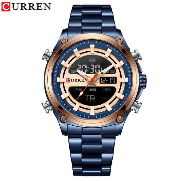 Men's Business Watch Steel Band Round Metal Case Stainless Steel Strap Dual Movement Chronograph Luminous