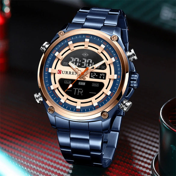 Men's Business Watch Steel Band Round Metal Case Stainless Steel Strap Dual Movement Chronograph Luminous