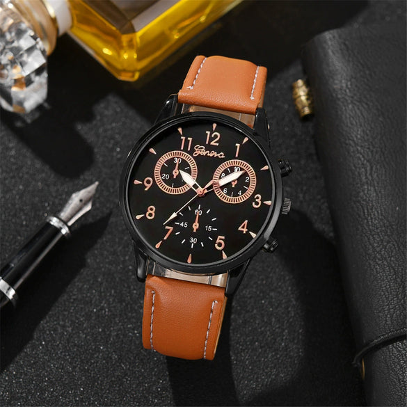 Men's Casual Allmatch Alloy Case Imitation Leather Strap Quartz Watch With Round Dial And Stainless Steel Pin Buckle Sport Style