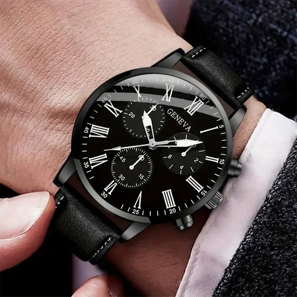 Men's Casual Alloy Case Imitation Leather Strap Stainless Steel Buckle Round Dial Watch