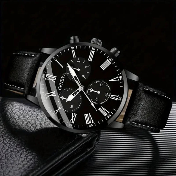Men's Casual Alloy Case Imitation Leather Strap Stainless Steel Buckle Round Dial Watch