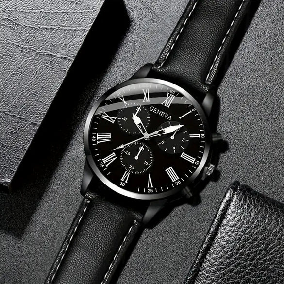 Men's Casual Alloy Case Imitation Leather Strap Stainless Steel Buckle Round Dial Watch