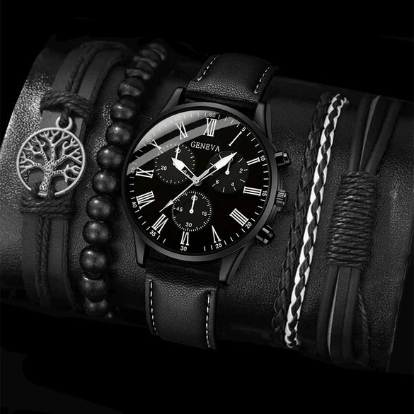 Men's Casual Alloy Case Stainless Steel Buckle Imitation Leather Strap Round Dial Quartz Watch