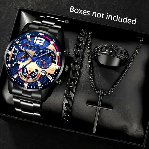Men's Casual Alloy Quartz Watch With Fake Three Eye Calendar Roman Scale And Round Dial