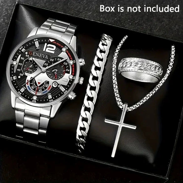 Men's Casual Alloy Quartz Watch With Fake Three Eye Calendar Roman Scale And Round Dial