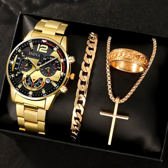 Men's Casual Alloy Quartz Watch With Fake Three Eye Calendar Roman Scale And Round Dial