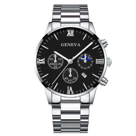 Men's Casual Alloy Quartz Watch With Fake Three Eye Calendar Roman Scale And Round Dial