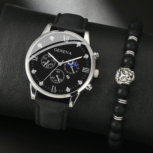 Men's Casual Fashion Quartz Watch And Belt Set With Alloy Case Imitation Leather Strap And Stainless Steel Clasp Round Dial