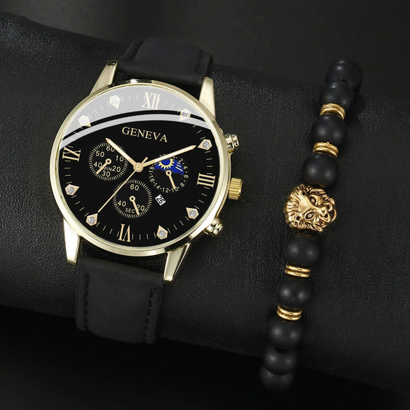 Men's Casual Fashion Quartz Watch And Belt Set With Alloy Case Imitation Leather Strap And Stainless Steel Clasp Round Dial