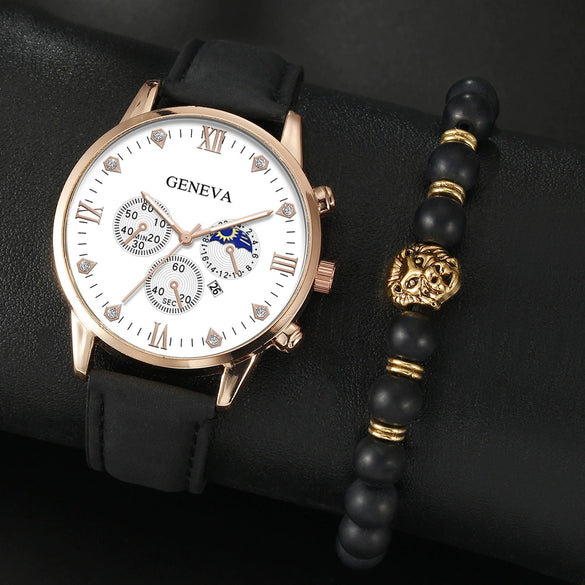 Men's Casual Fashion Quartz Watch And Belt Set With Alloy Case Imitation Leather Strap And Stainless Steel Clasp Round Dial