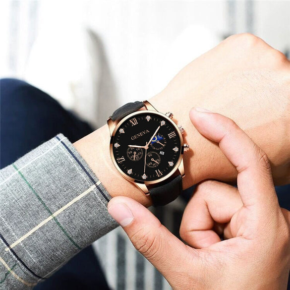 Men's Casual Fashion Quartz Watch And Belt Set With Alloy Case Imitation Leather Strap And Stainless Steel Clasp Round Dial