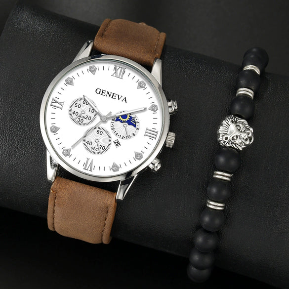 Men's Casual Fashion Quartz Watch And Belt Set With Alloy Case Imitation Leather Strap And Stainless Steel Clasp Round Dial