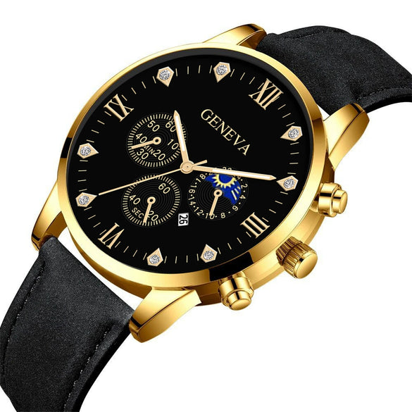 Men's Casual Fashion Quartz Watch And Belt Set With Alloy Case Imitation Leather Strap And Stainless Steel Clasp Round Dial