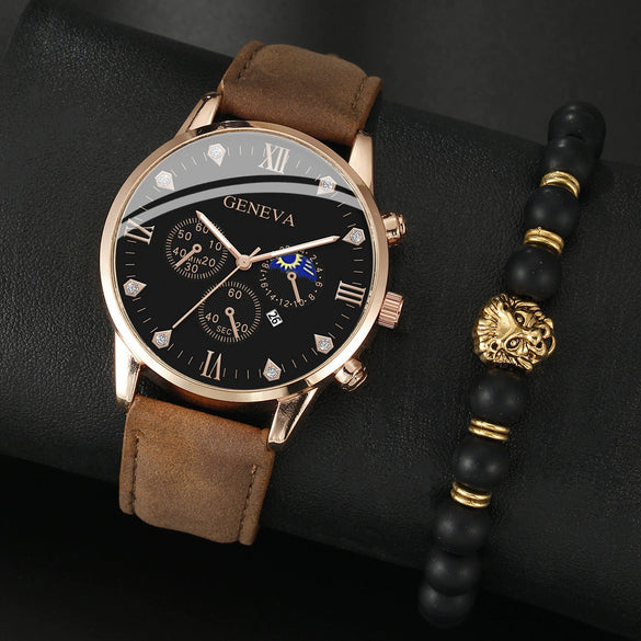Men's Casual Fashion Quartz Watch And Belt Set With Alloy Case Imitation Leather Strap And Stainless Steel Clasp Round Dial