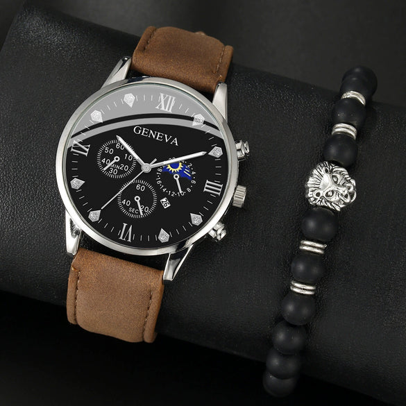 Men's Casual Fashion Quartz Watch And Belt Set With Alloy Case Imitation Leather Strap And Stainless Steel Clasp Round Dial