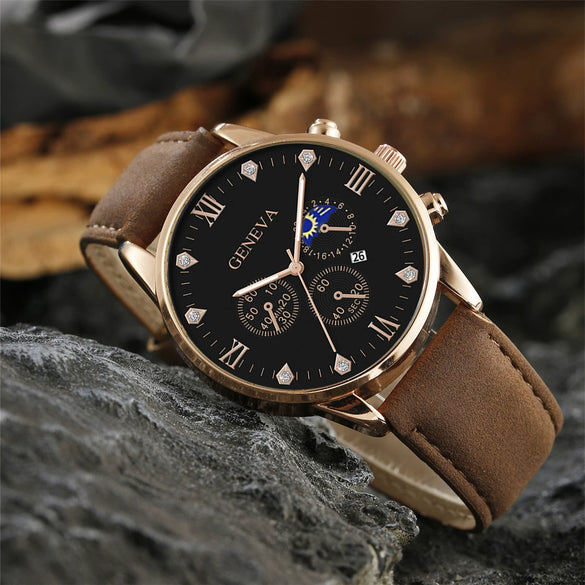 Men's Casual Fashion Quartz Watch And Belt Set With Alloy Case Imitation Leather Strap And Stainless Steel Clasp Round Dial