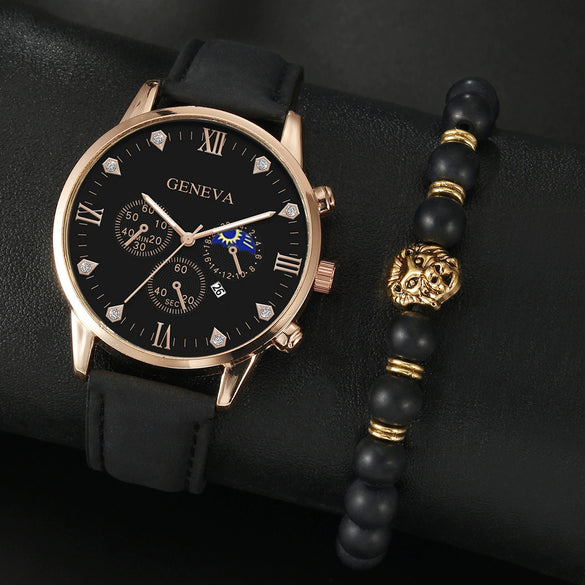 Men's Casual Fashion Quartz Watch And Belt Set With Alloy Case Imitation Leather Strap And Stainless Steel Clasp Round Dial