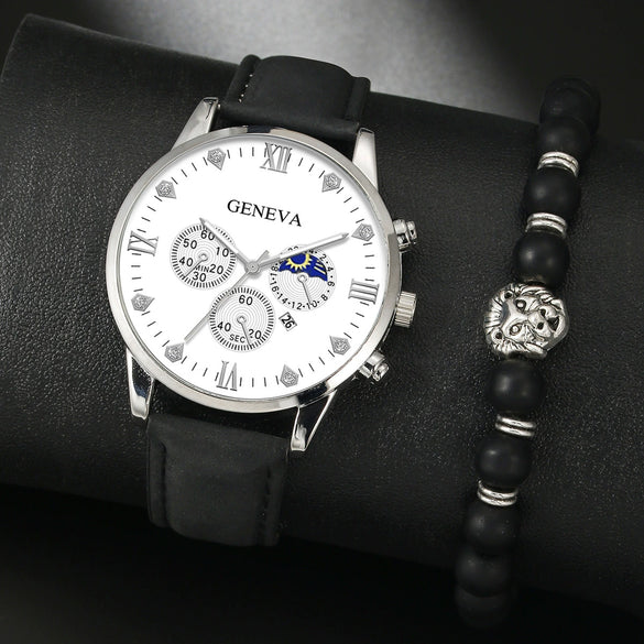Men's Casual Fashion Quartz Watch And Belt Set With Alloy Case Imitation Leather Strap And Stainless Steel Clasp Round Dial