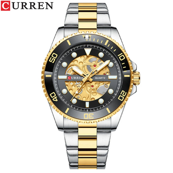 Men's Casual Hollow Creative Quartz Wrist Watch Metal Case Stainless Steel Band Round Dial