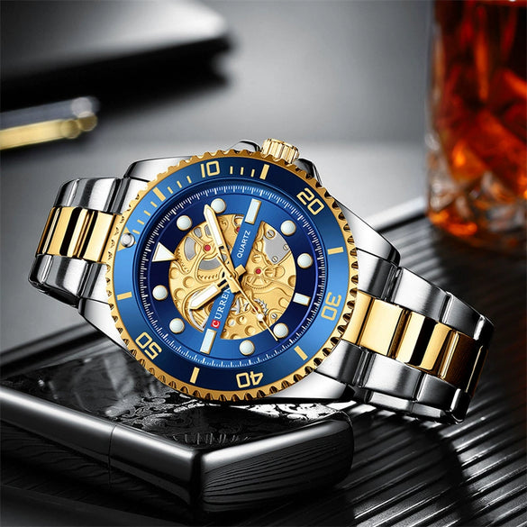 Men's Casual Hollow Creative Quartz Wrist Watch Metal Case Stainless Steel Band Round Dial