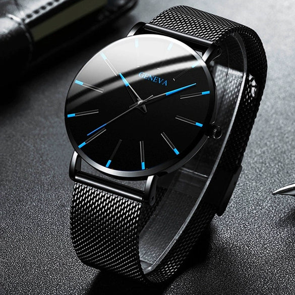 Men's Casual Mesh Quartz Watch Alloy Case Imitation Leather Strap Stainless Steel Buckle Round Dial Leisure Style