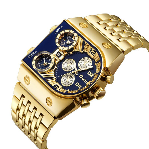 Men's Casual Metal And Stainless Steel Rectangle Dial Luminous Multitime Zone Watch