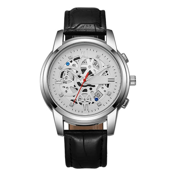 Men's Casual Quartz Watch With Hollow Design Alloy Case Imitation Leather Strap Round Dial