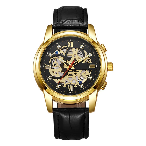 Men's Casual Quartz Watch With Hollow Design Alloy Case Imitation Leather Strap Round Dial