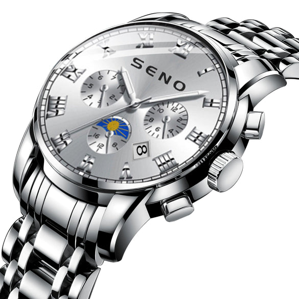 Men's Casual Quartz Watch With Sun Moon And Stars Pattern Waterproof Calendar Luminous Stainless Steel Clasp Alloy Case And Strap Round Dial