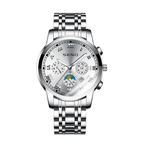 Men's Casual Quartz Watch With Sun Moon And Stars Pattern Waterproof Calendar Luminous Stainless Steel Clasp Alloy Case And Strap Round Dial