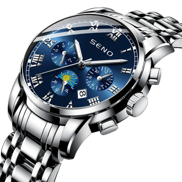 Men's Casual Quartz Watch With Sun Moon And Stars Pattern Waterproof Calendar Luminous Stainless Steel Clasp Alloy Case And Strap Round Dial