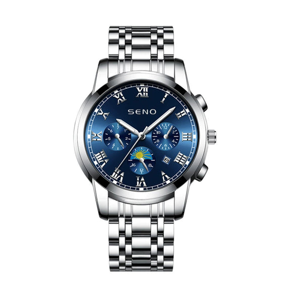Men's Casual Quartz Watch With Sun Moon And Stars Pattern Waterproof Calendar Luminous Stainless Steel Clasp Alloy Case And Strap Round Dial