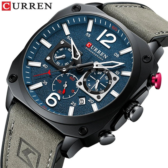 Men's Casual Stainless Steel Quartz Watch With Genuine Leather Strap And Round Dial