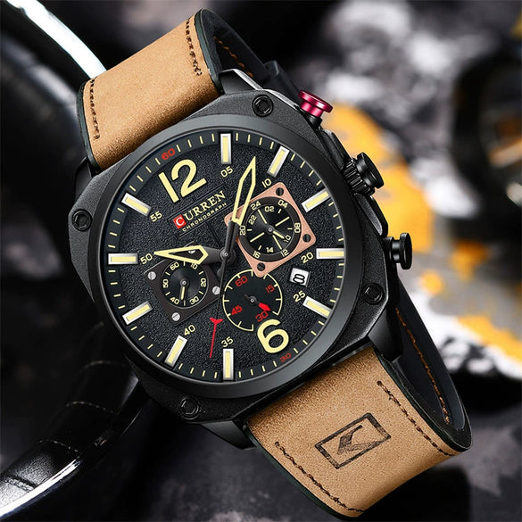 Men's Casual Stainless Steel Quartz Watch With Genuine Leather Strap And Round Dial