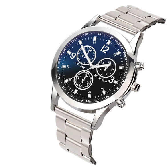 Men's Colorful Blue Light Glass Quartz Watch With Three Eye Design And Stainless Steel Band