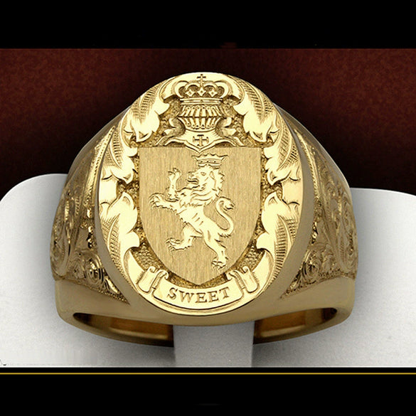 Men's Copper Plated Gold Ring With Lion Shield Badge Sculpture And Animal Zodiac Pattern