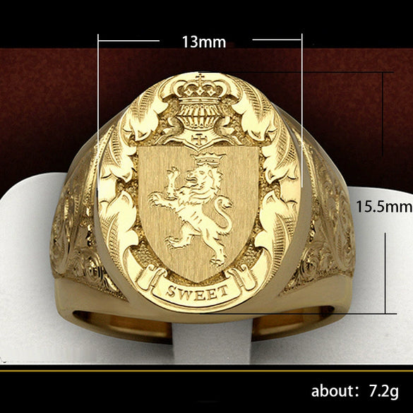 Men's Copper Plated Gold Ring With Lion Shield Badge Sculpture And Animal Zodiac Pattern