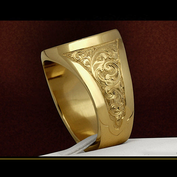 Men's Copper Plated Gold Ring With Lion Shield Badge Sculpture And Animal Zodiac Pattern