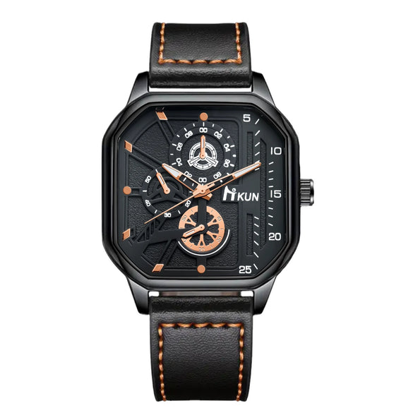 Men's Double Layer Square Alloy Case Imitation Leather Strap Stainless Steel Clasp Sports Watch Belt Set
