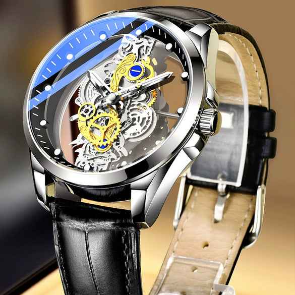 Men's Doublesided Transparent Hollow Automatic Mechanical And Luminous Quartz Waterproof Watch Stainless Steel