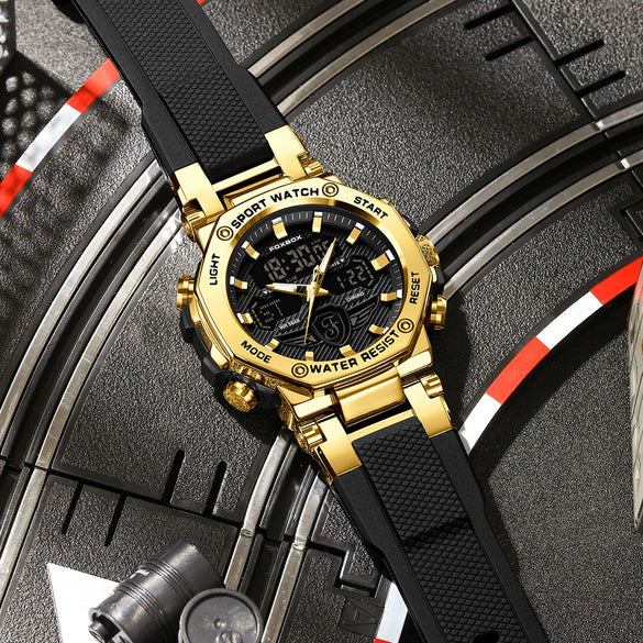 Men's Dual Display Electronic Watch Waterproof Luminous Chronograph Alarm Clock Sports Watch Round Dial Silicone Strap Alloy Case Mineral Glass Mirror